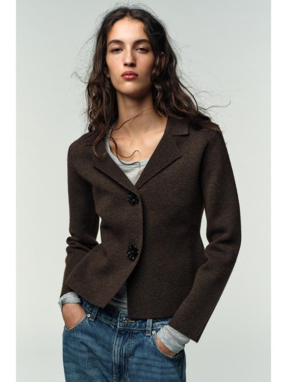 Zara Women Blazer Sweater cardigan S Brown Knit Decorative Button 5755/004 NWT